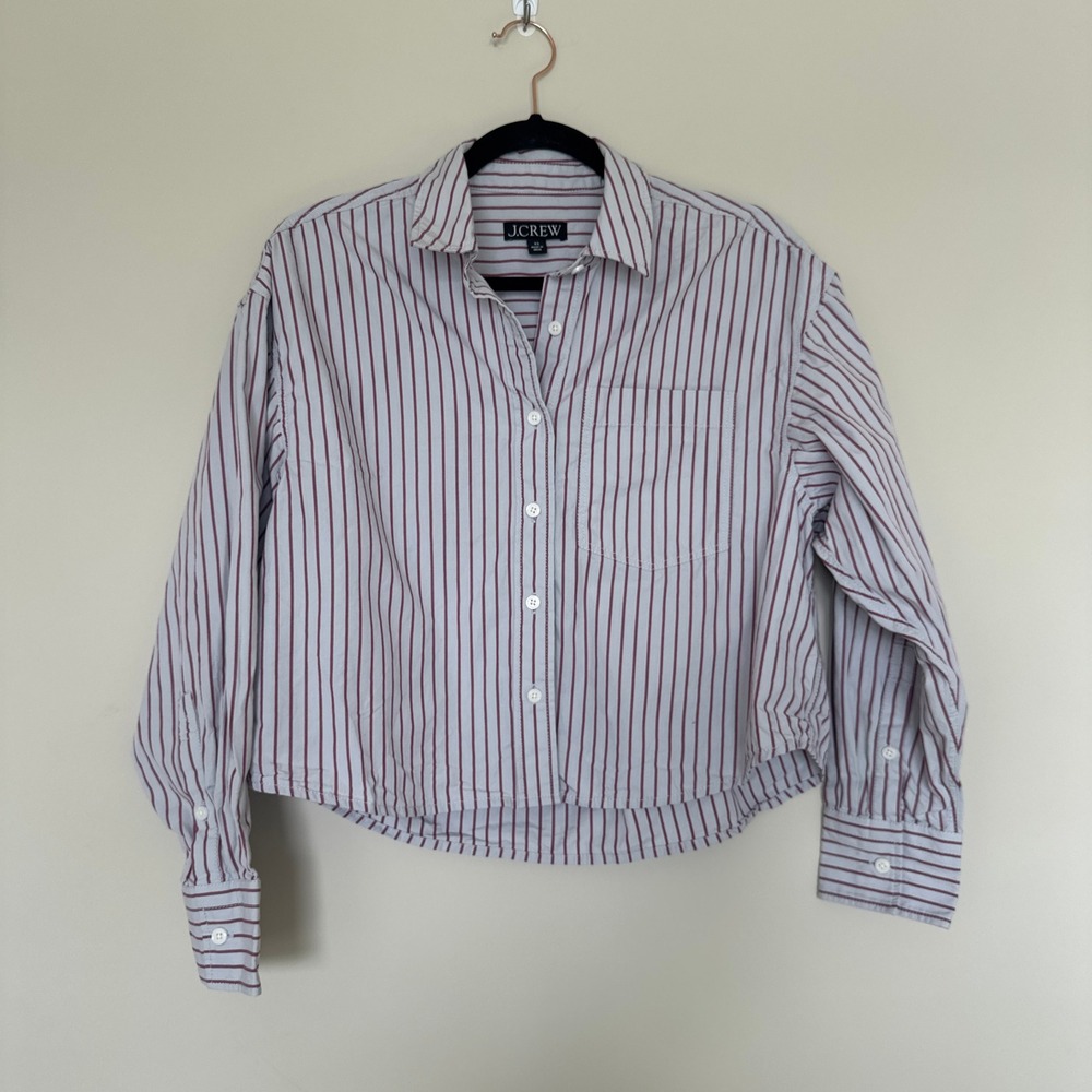 J.Crew Women XS Striped Cropped Button Down Shirt Cotton CT064 Burgundy Blue